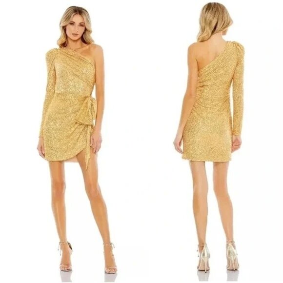 Mac Duggal 26977 Sequined One Shoulder Gold Mini Cocktail Dress Size 6 NWT $398 - Picture 1 of 6